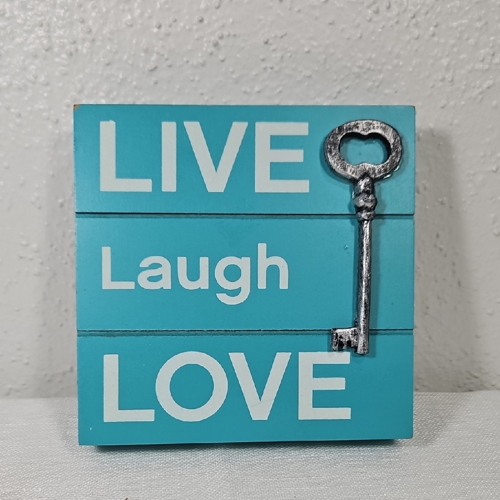 Live Laugh Love Wall Decor in Blue with Silver Skeleton Key Accent Wall Decor